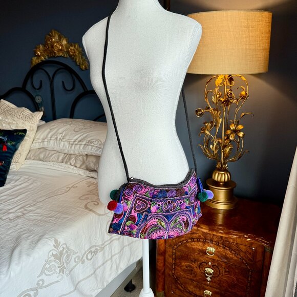 Purple and Pink Embroidered Hmong Crossbody Bag - Picture 3 of 10